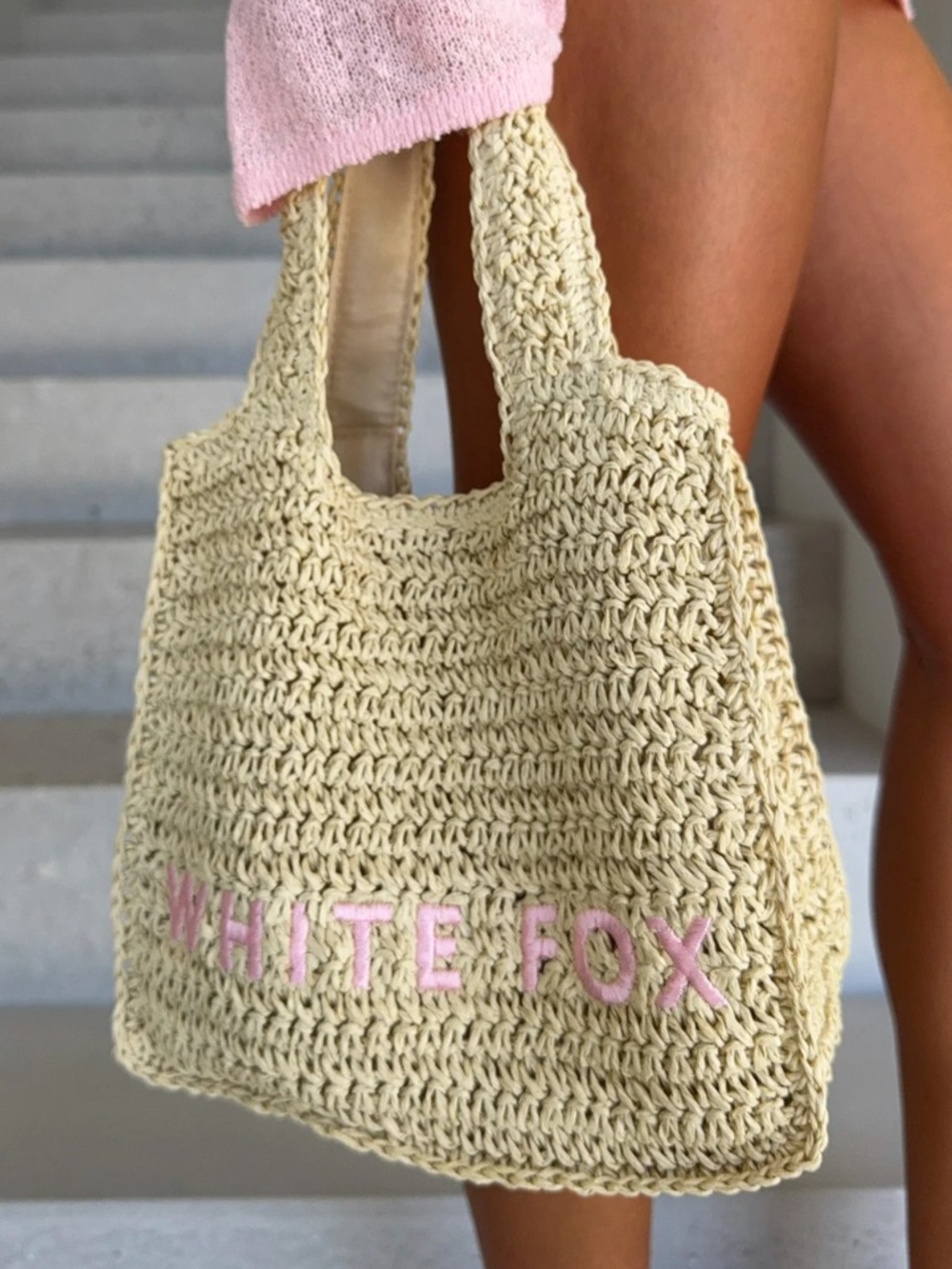 White Fox Boutique Beige Crochet Tote with Pink Logo - Picture 2 of 3